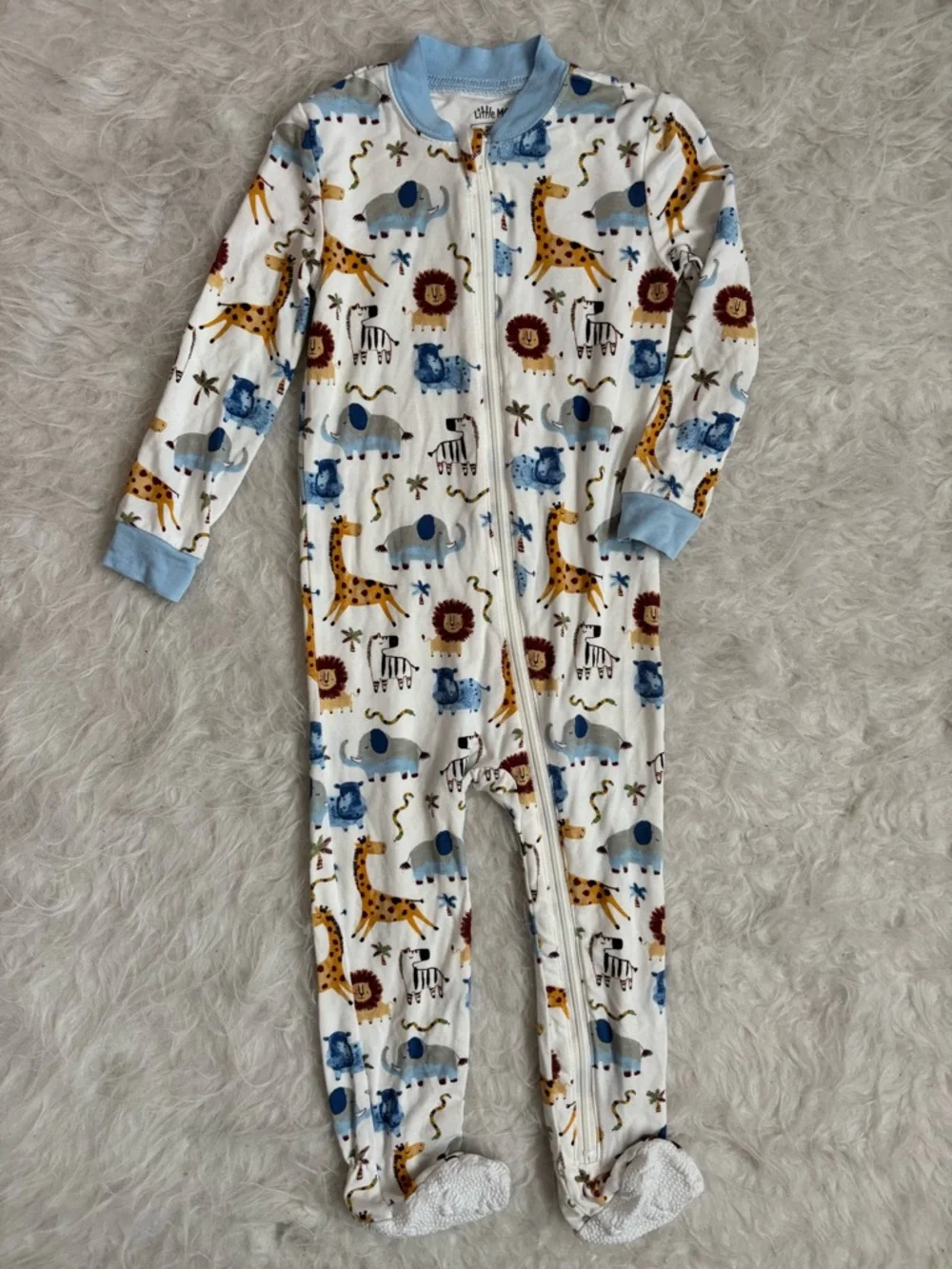 Little Me Baby white Footed Pajamas with Colorful Safari Animal AOP